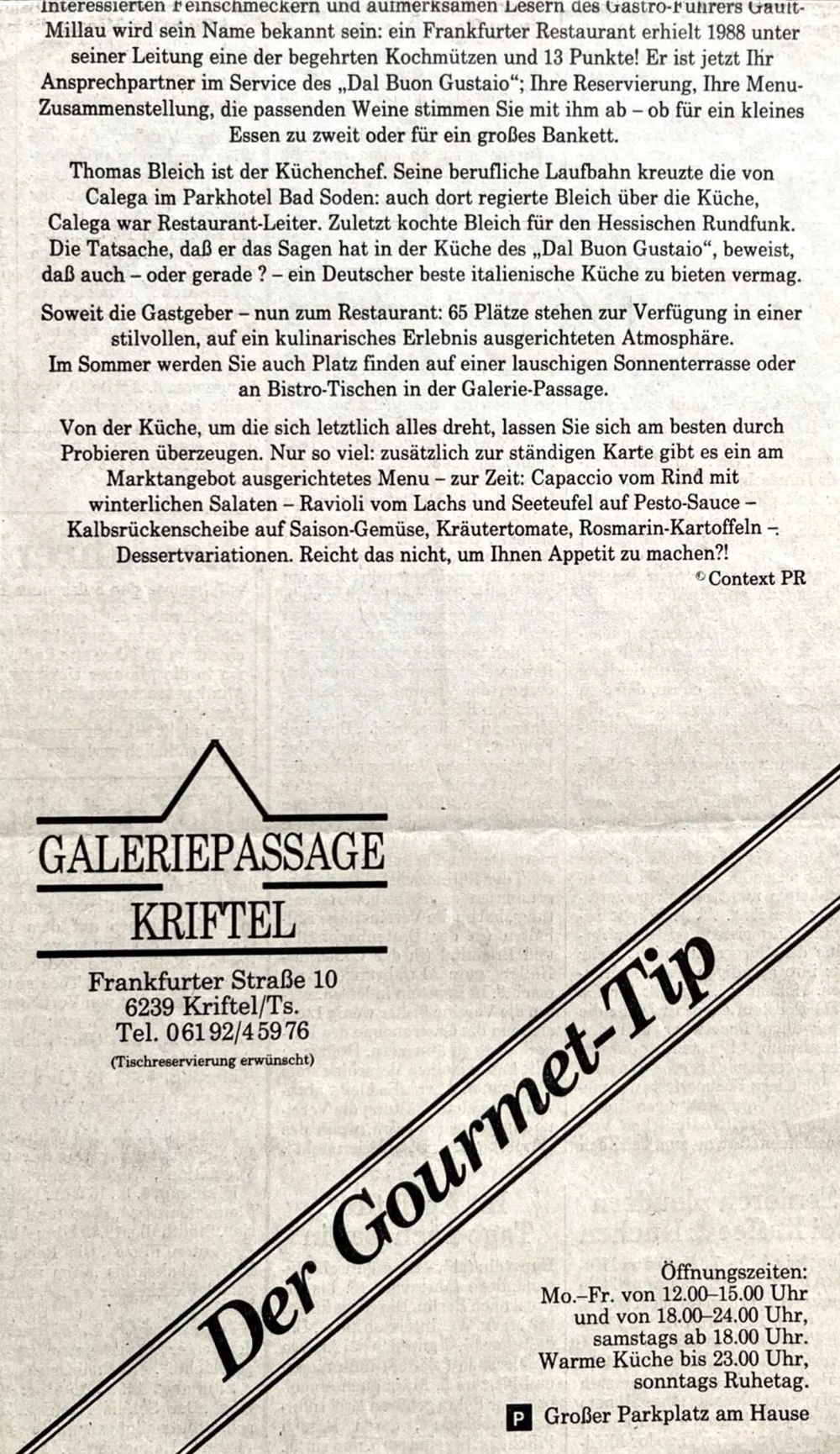 Article featuring a Nunzio Calega restaurant